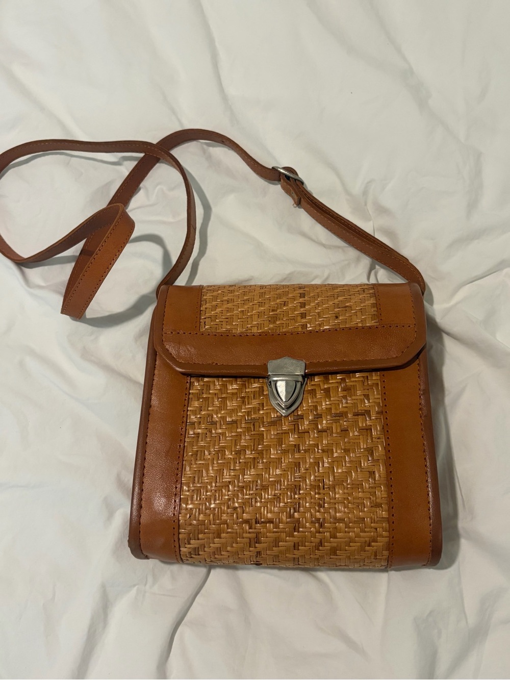 Tan Woven Rattan Crossbody Bag